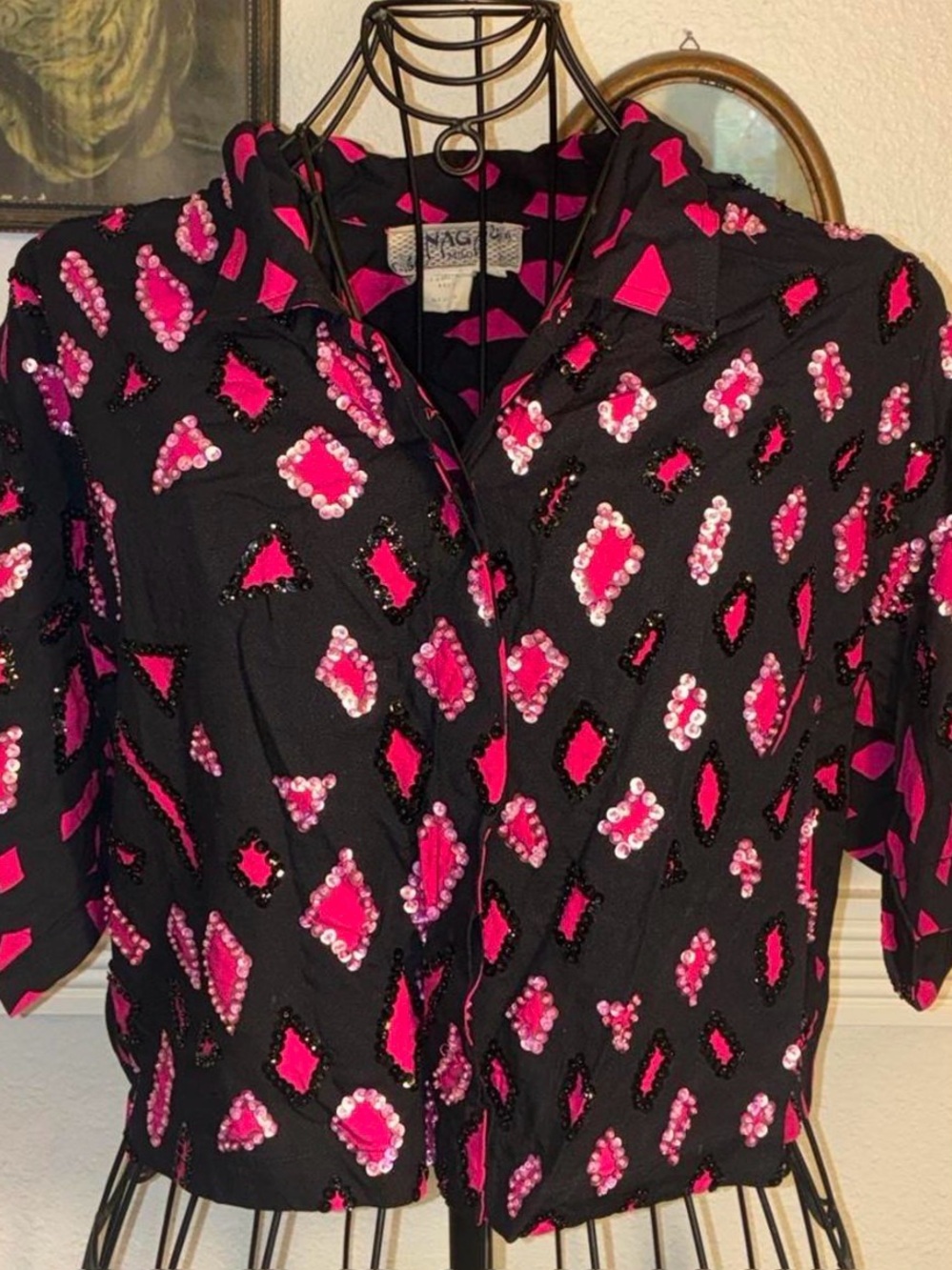 Vintage Naga by Milo Black & Hot Pink Sequin Embellished Button-Up Top